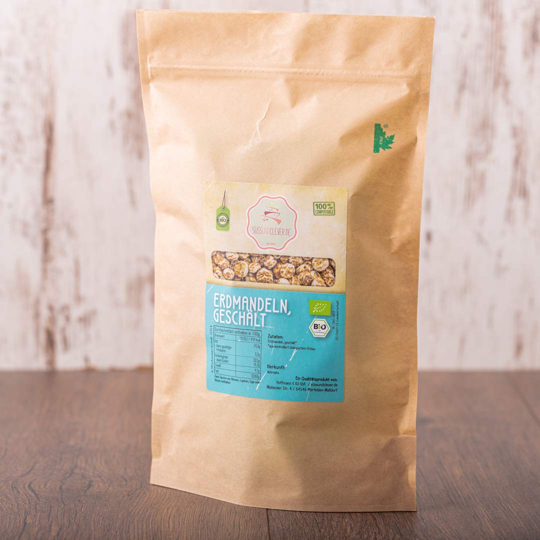 süssundclever.de® Bio Erdmandeln, geschält | 1 kg | Premium Qualität | 100% naturbelassen | plastikfrei und ökologisch-nachhaltig abgepackt | ganze Erdmandeln