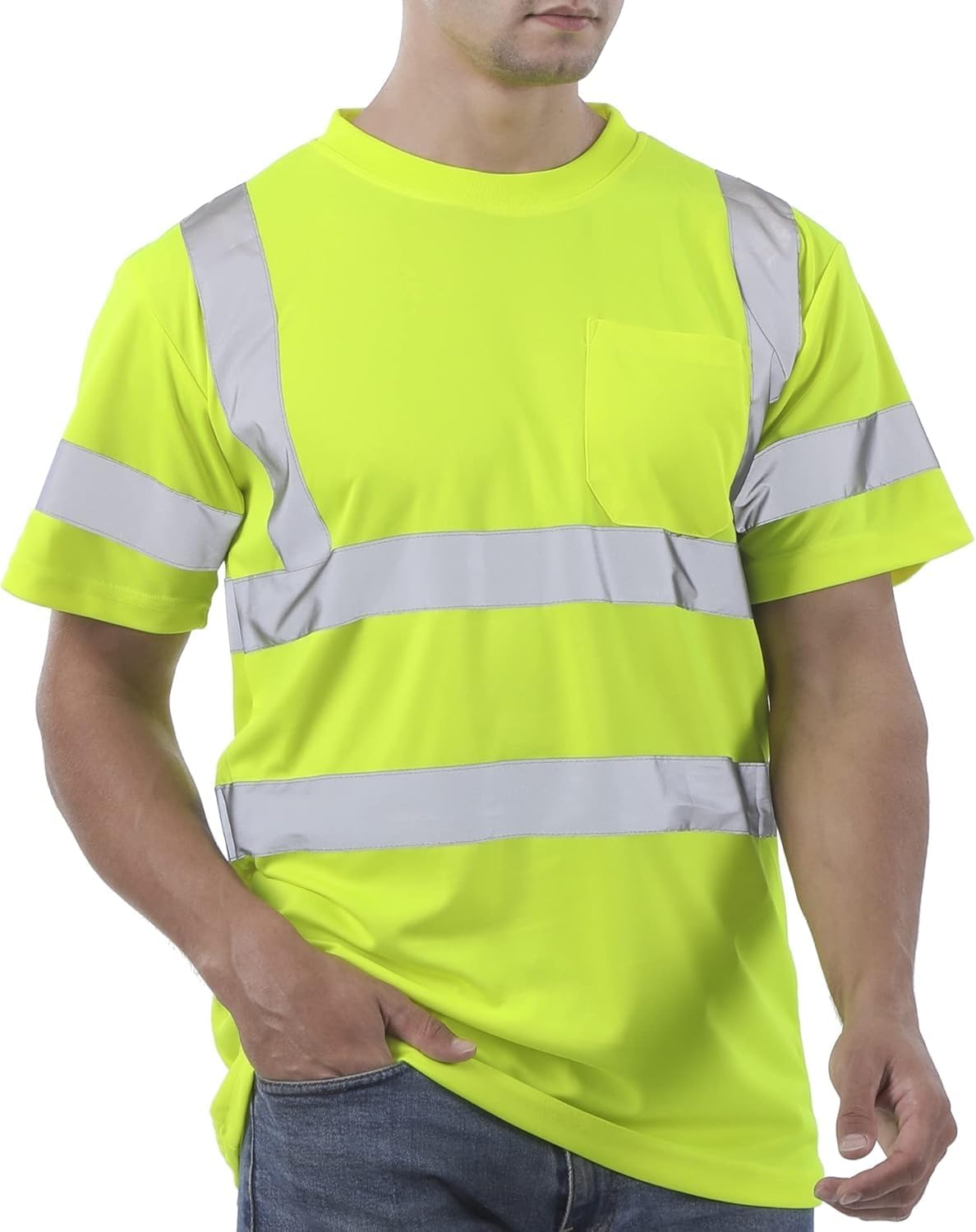 sesafety Tシャツ 男性用 パーソナライズ Tシャツ 男性用 クルーネック 安全シャツ ポケット付き ルーズフィット 厚手 半袖 ポケット Tシャツ イエロー