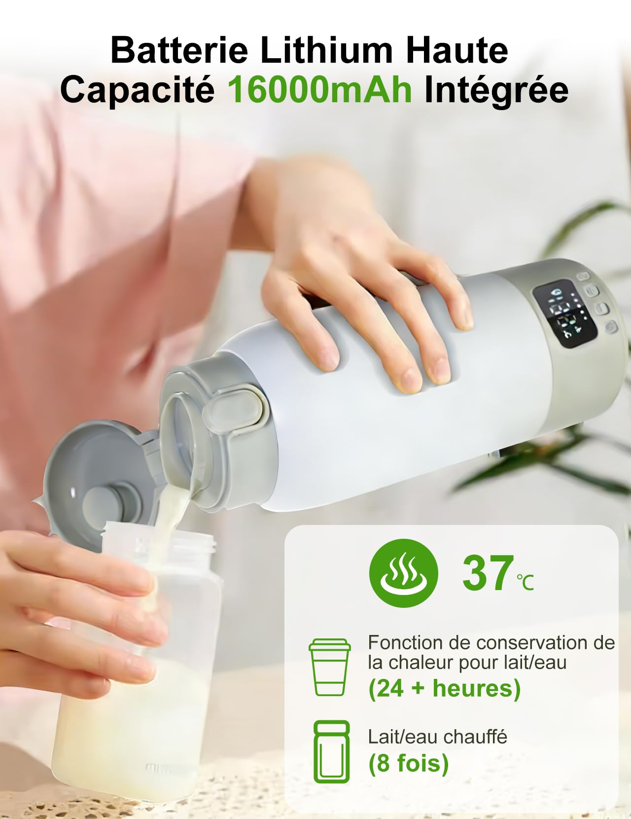 Chauffe-biberon portable, Chauffe-Biberon pour Bébé de 500 ml | Déplacement Température Constante de 32 à 37 °C Réglable avec Affichage LED pour les Voyages et les Tétées Nocturnes
