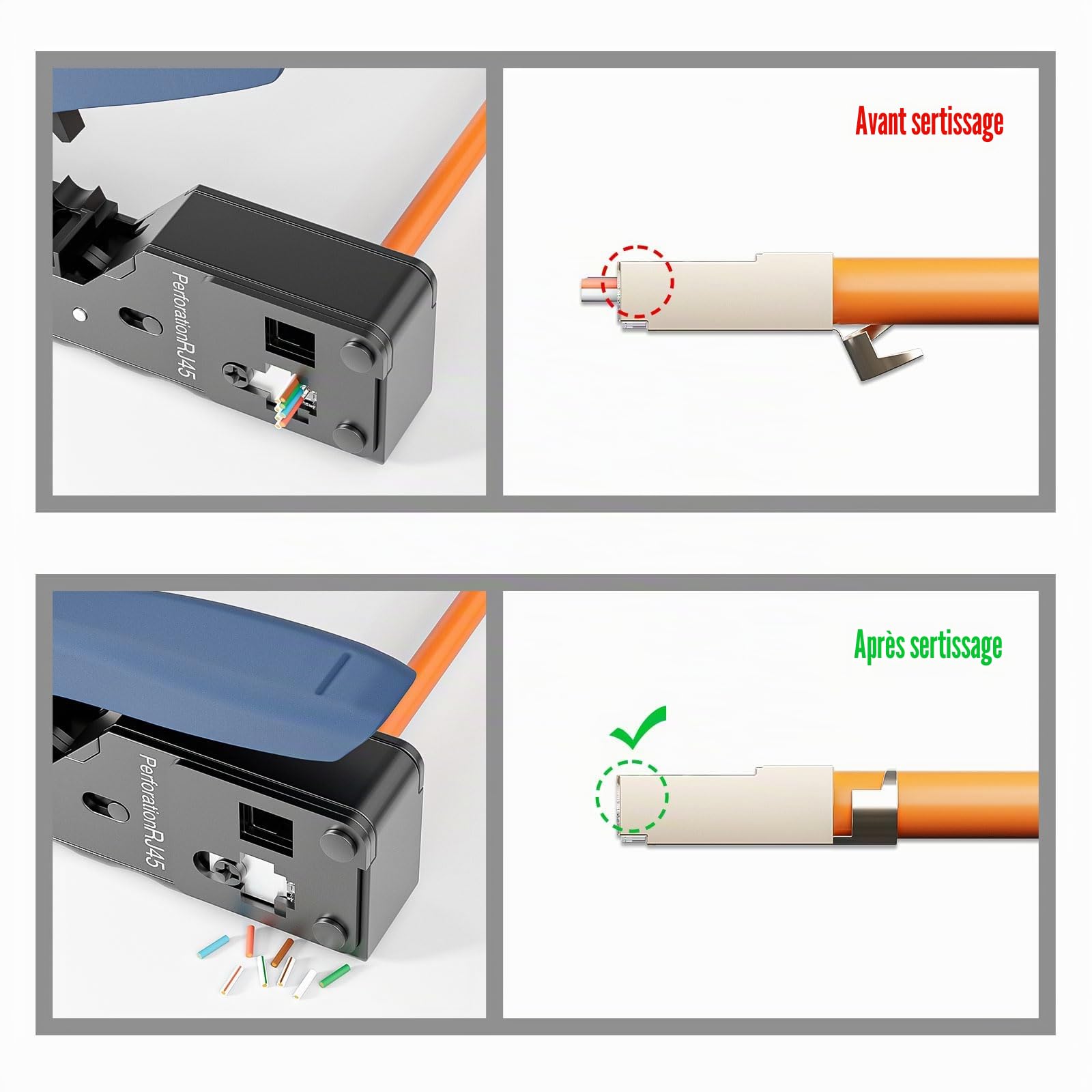 FGB Kit d'outils réseau Pass Through RJ45 Pince à sertir RJ45/RJ11/RJ12 | Pince à sertir RJ45 avec 4 fiches réseau Cat7 sans outil, 10 fiches LAN, 2 clés Keystone Cat7, outils de pose LSA