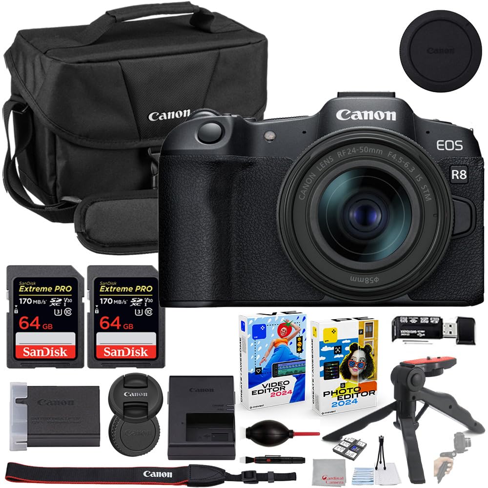 EOS R8 Mirrorless Camera with 24-50mm Lens Bundle with Canon 200ES EOS Shoulder Bag + 2X 64GB Extreme Memory Cards + Accessory Kit