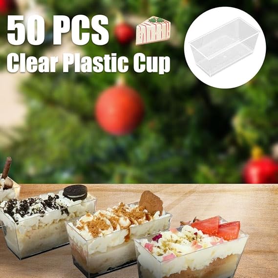LATERN 50Pcs Plastic Dessert Cups, 140ml Rectangle Dessert Cups Clear Parfait Appetizer Cup Reusable Serving Bowl for Dessert Pudding Mousse Party (9.8 x 4.7cm)