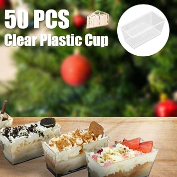 LATERN 50Pcs Plastic Dessert Cups, 140ml Rectangle Dessert Cups Clear Parfait Appetizer Cup Reusable Serving Bowl for Dessert Pudding Mousse Party (9.8 x 4.7cm)