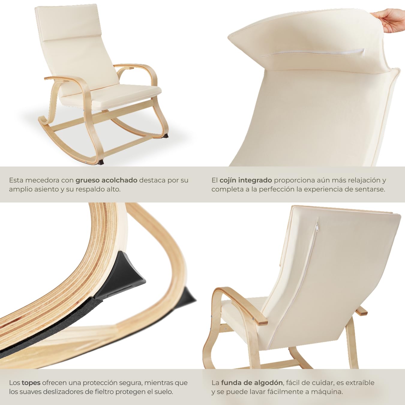 tectake 801034 - Mecedora Roca de Madera de Abedul 150kg, Silla Mecedora, Oscilante, Sillón Ergonómico para Balanceo (Beige)