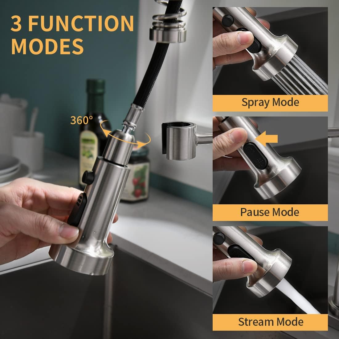 Crеаtіvе Prоduсt Kitchen Sink Faucet Brushed Nickel, Kitchen Faucets with Pull Down Sprayer 20 Inch, Spring Kitchen Faucet with Deck Plate for 1 or 3 Hole Sink, Single Handle Kitchen Faucets Solid Brass