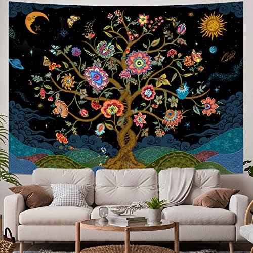 Obsecolors Tree of Life Tapestry Trippy Sun Moon Tapestry Vintage Floral Tapestry Plants Tapestry Galaxy Space Tapestry Bohemian Aesthetic Tapestries Wall Hanging for Bedroom Living Room
