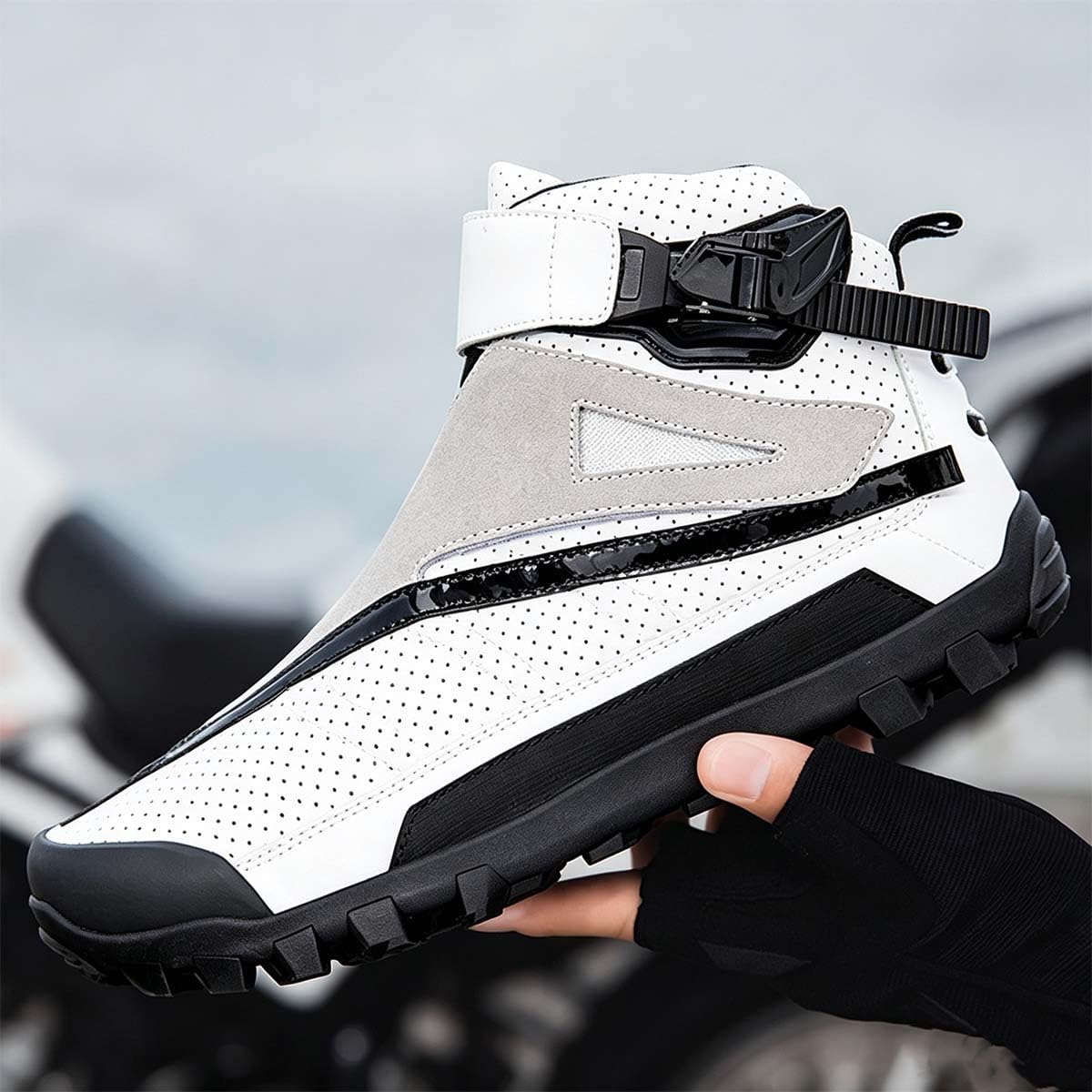Stivali da Moto Uomo Scarpe Motocross Traspirante Rinforzato | Resistenti agli Urti, Chiusura Rapida, Supporto alla Caviglia, Suola Antiscivolo, Impugnatura del Cambio, Pista e Strada
