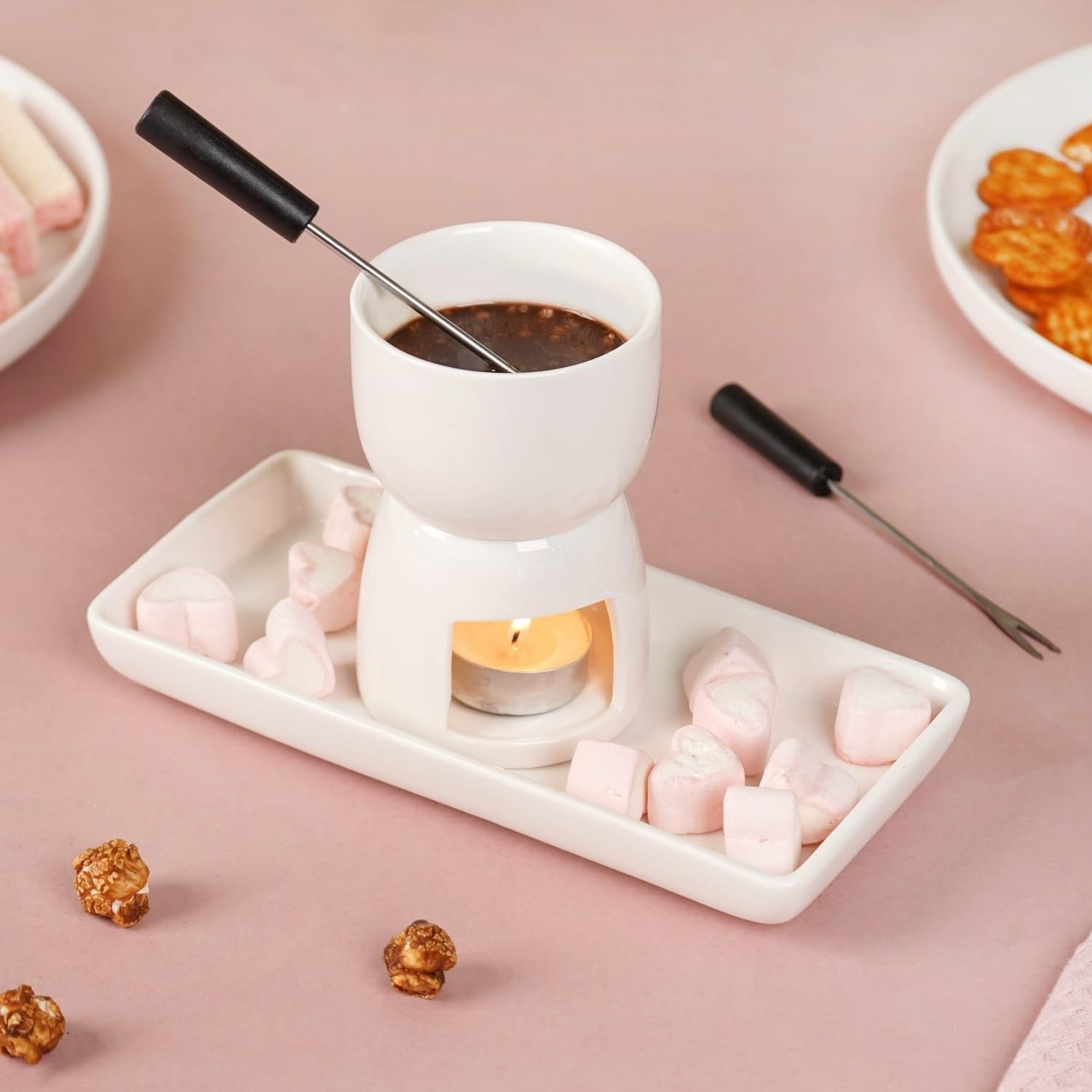 White Ceramic Fondue Set with Stainless Steel Skewers & Ceramic Tray | Perfect for Chocolate, Cheese, and Sauces, Ideal for Romantic Dinners, Christmas, Gifting & Parties