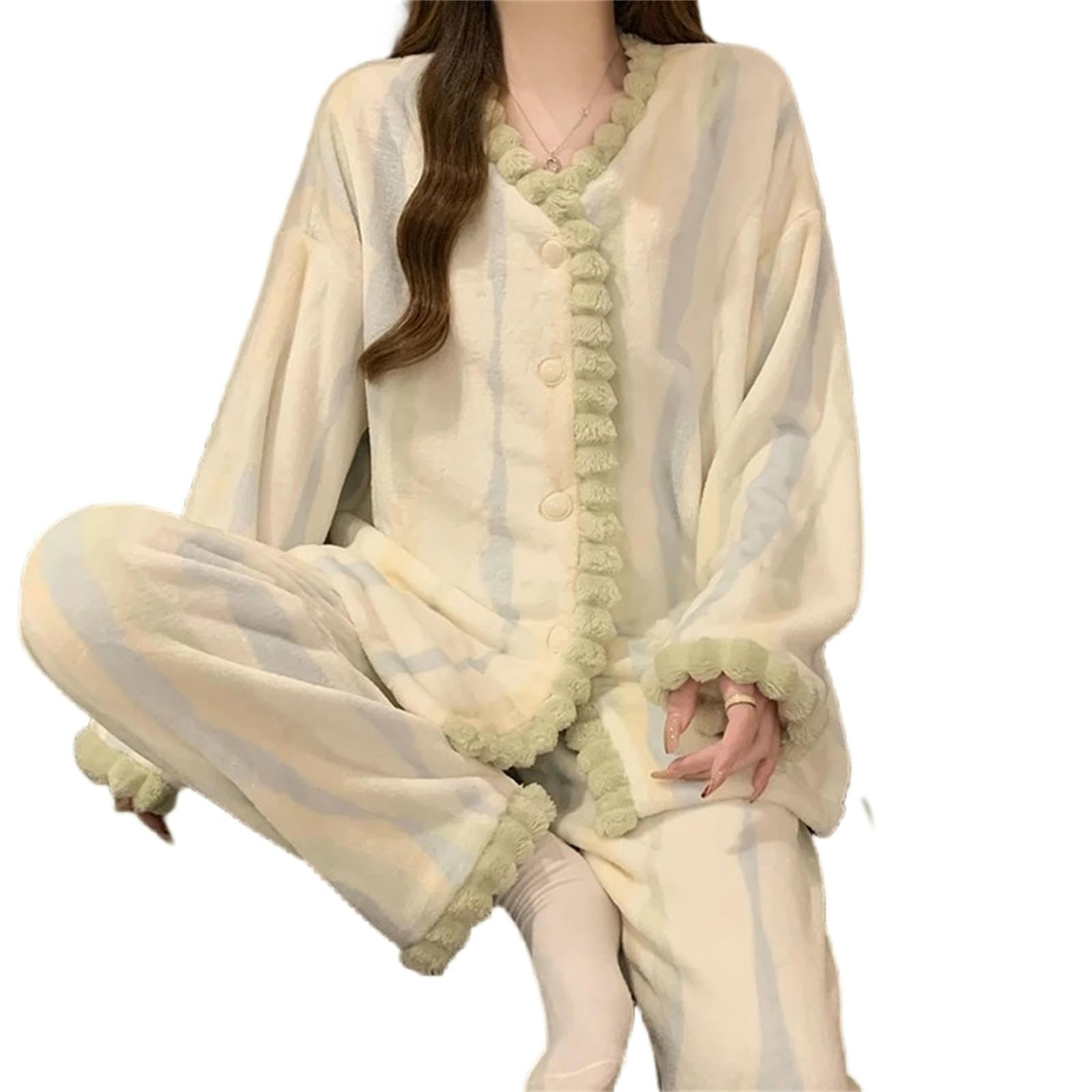 Pigiama da Donna in Pile Corallo, Set di Abbigliamento Casa Caldo E Addensato per L'autunno l'inverno -Verde-l