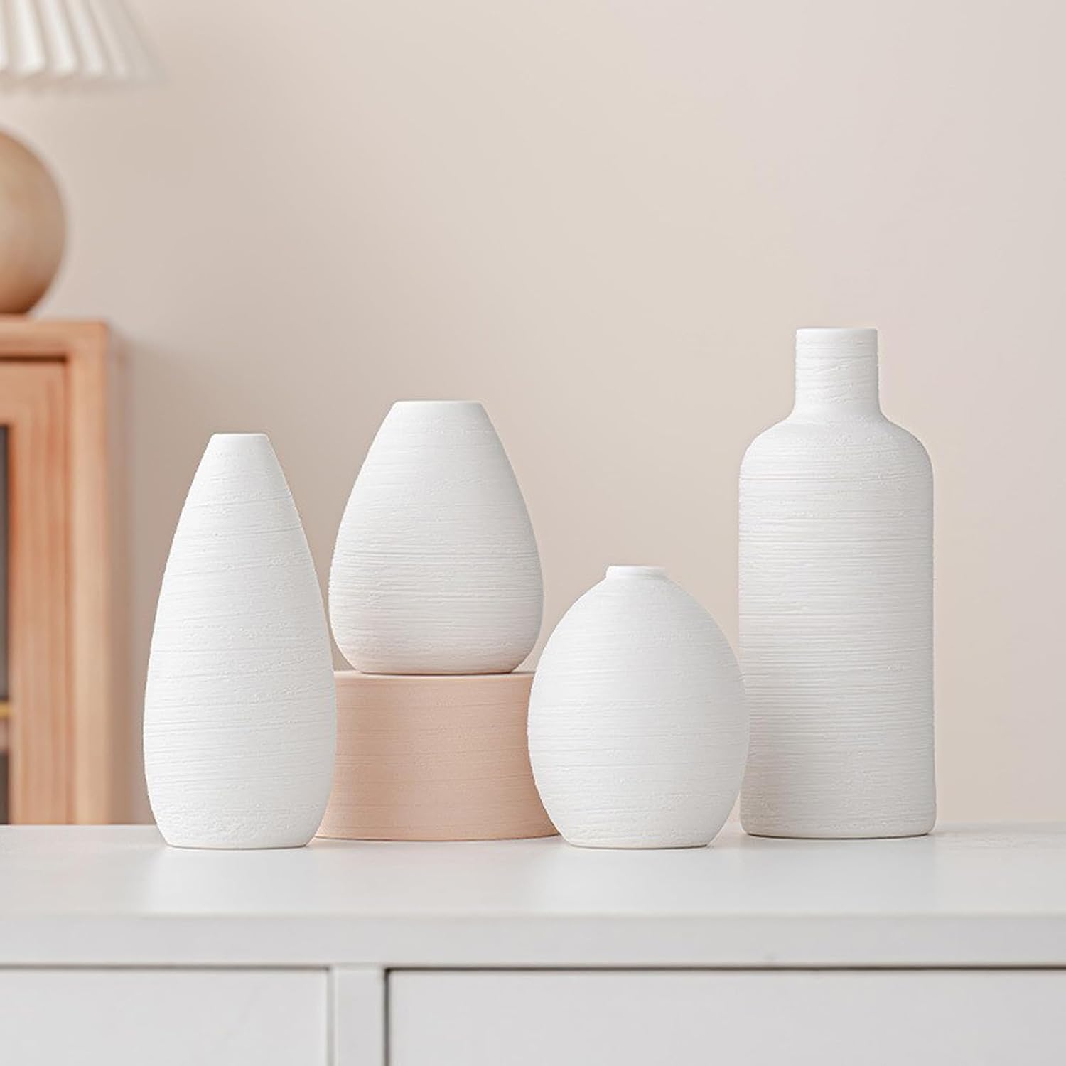4PCS Home Decor Vase, White Ceramic Flower Vase, Minimalist Modern Home Decor, Small Pampas Grass Vases for Table, Shelf Bookshelf, Mantel, Entryway and Centerpieces