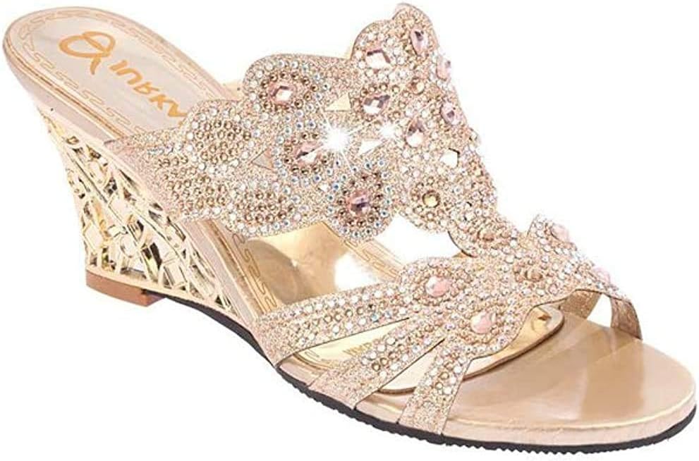 GirllikeWomen's Crystal Rhinestone Peacock Patterned Handmade Sandals Platform Wedge Dress Sandals Slippers