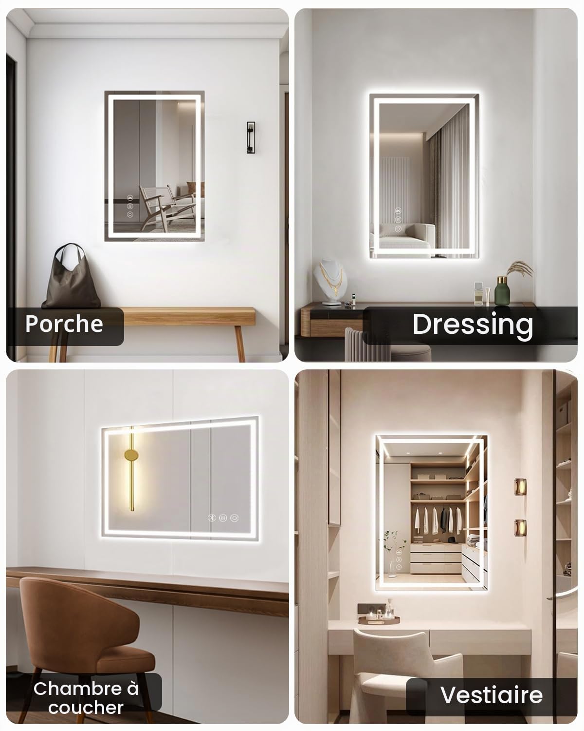 Miroir de salle de bain, LED, 40 x 60 cm, avec éclairage et interrupteur tactile Bluetooth, à intensité variable, couleur de la lumière 3 températures de couleur, anti-buée, avec lumière