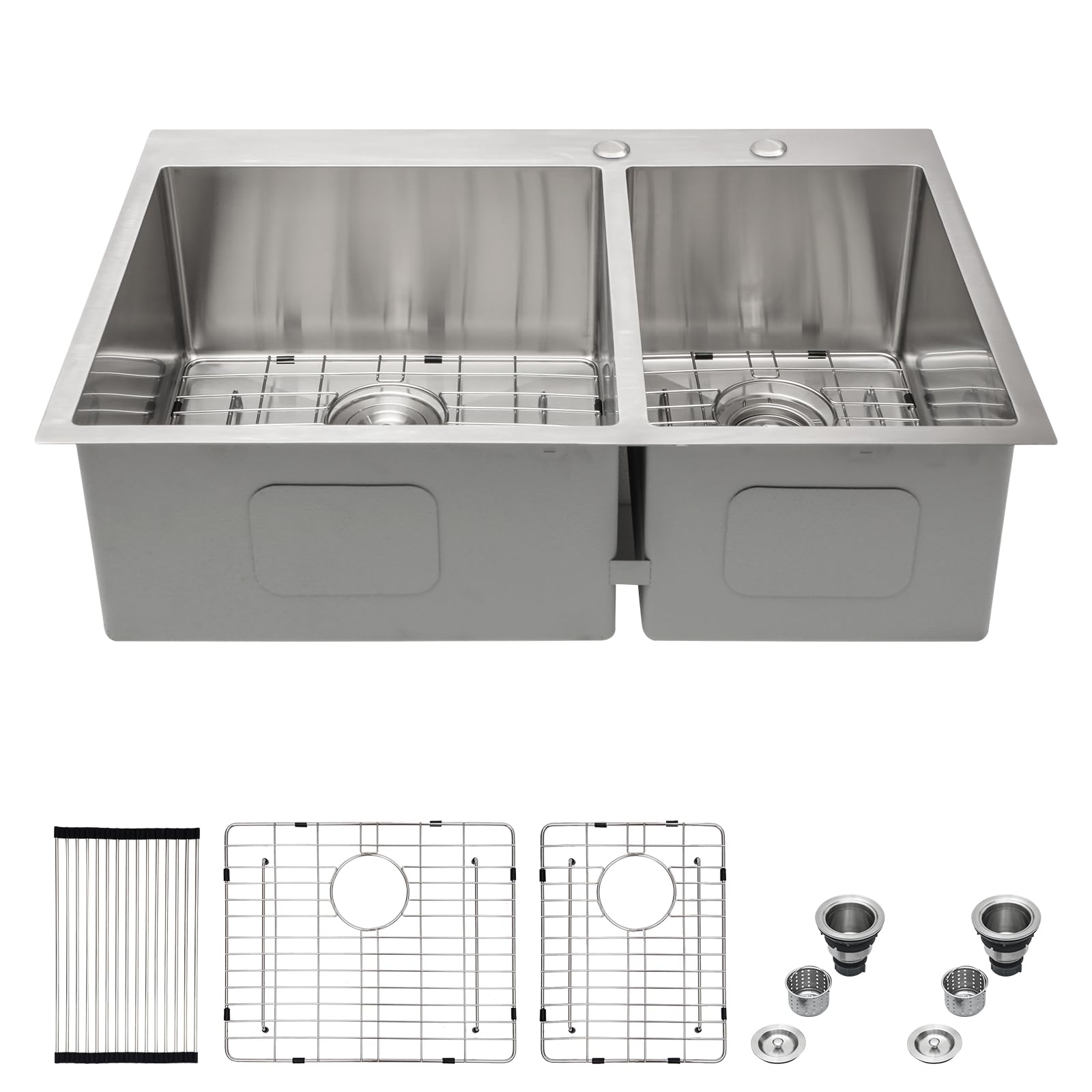 Mocoloo33 Drop Kitchen Sink Double Sink - 33 x 22 Stainless Steel 60/40 16 Gauge Double Bowl 10 Inch Deep Basin Handmade Above Counter with 2 Basins Round Corner
