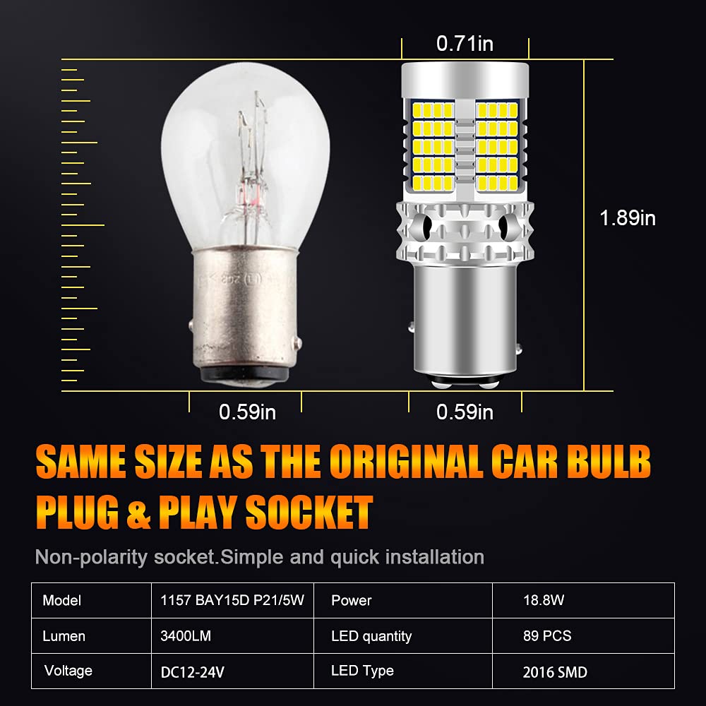 UPXSXT 2Pcs 1157 p21/5w bay15d Lampadina del freno a LED, 12-24V 3400LM 2016 89 SMD Bianco Lampadina di ricambio impermeabile per auto super luminosa per Luci posteriori, luci di marcia diurna