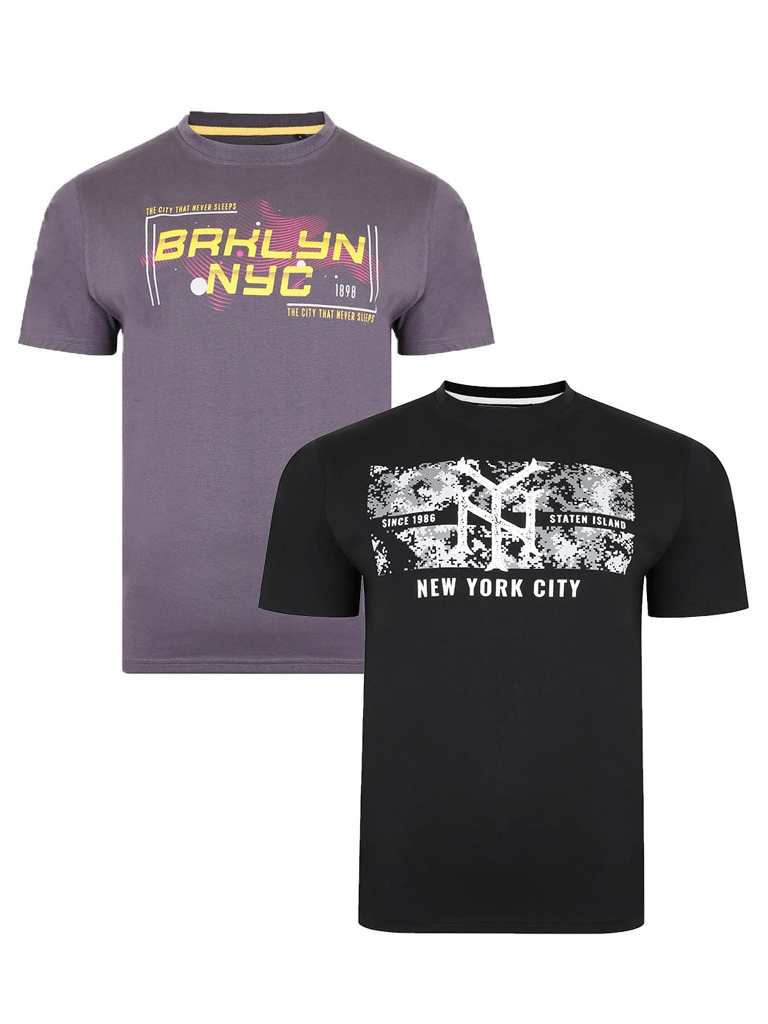 Kam(KBS5367 Kbs Mens Twin Newyork Brooklyn Printed Crew Neck Tee in 2XL-8XL, Black Charcoal, XXL