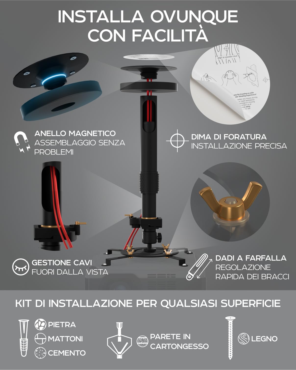 Supporto universale per proiettore PropVue - Supporto regolabile a soffitto o a parete per mini proiettori da ufficio e per la casa - Facile installazione, girevole a 360°, lunghezza da 35 a 53 cm