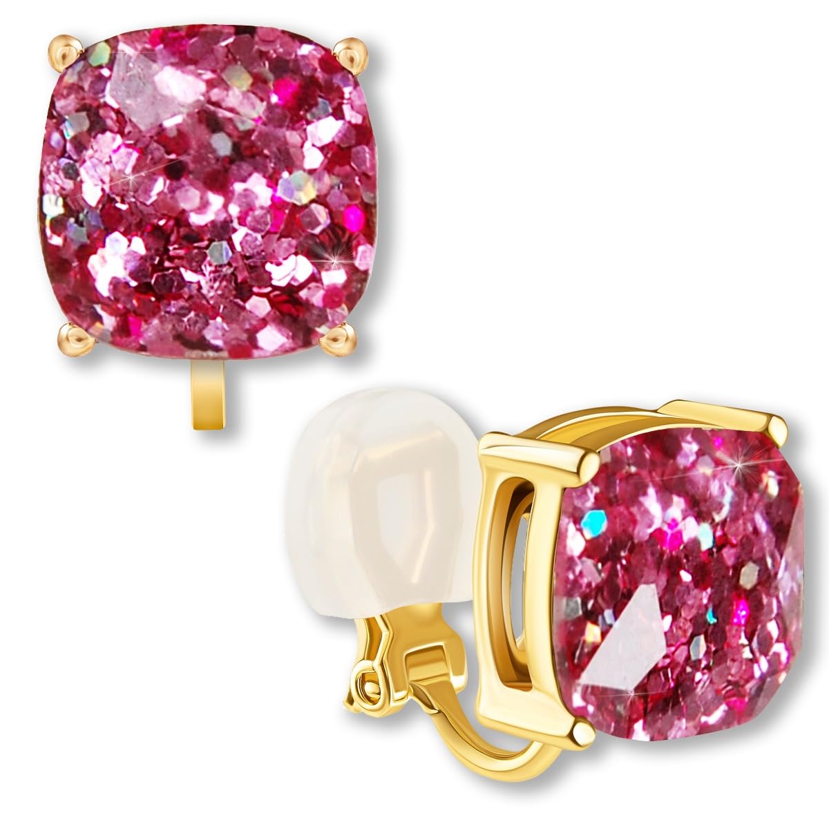 Large Square Clip On Earrings for Women - Comfortable Non Pierced Earrings for Women in Gold Tone, Statement Clip-On Studs