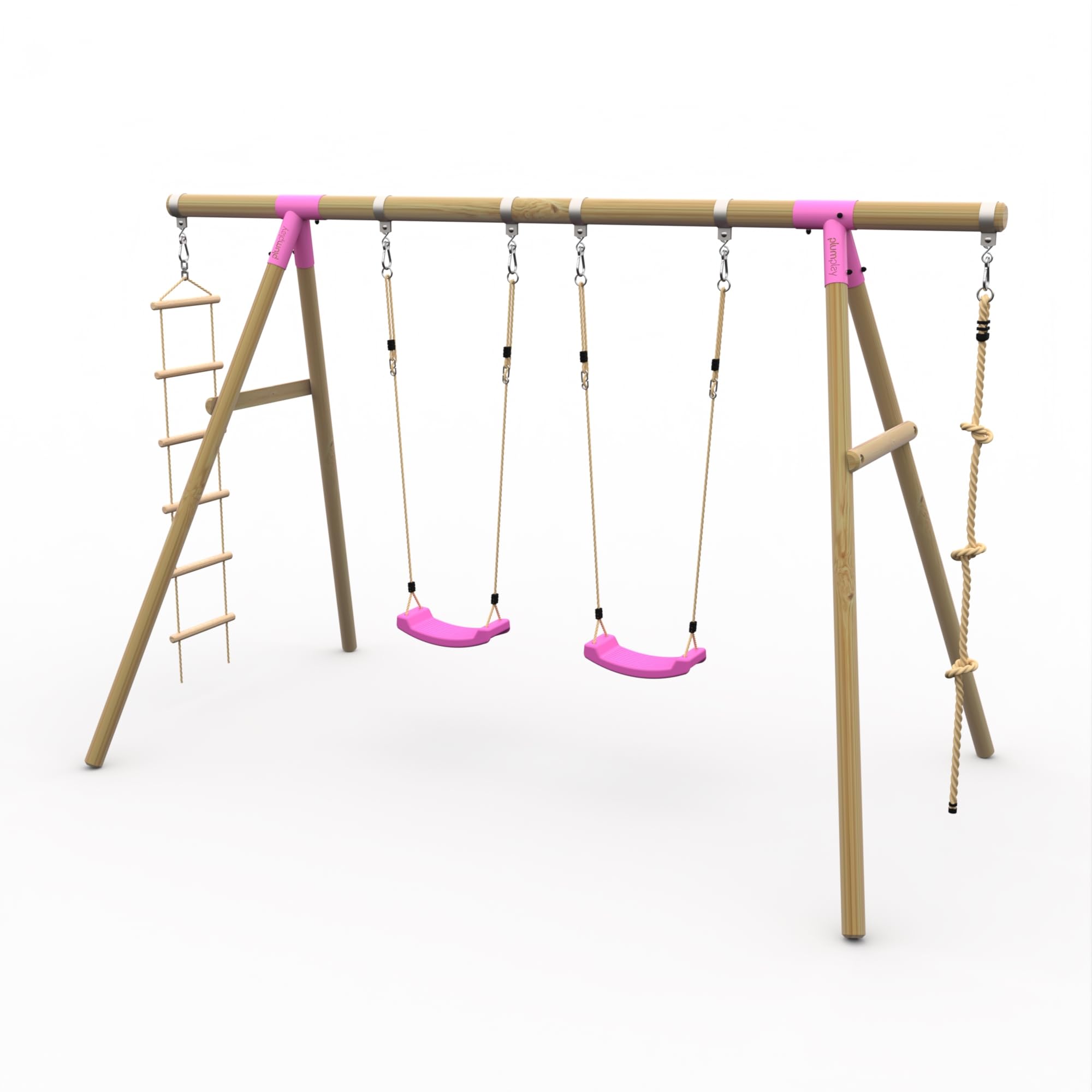 Plum Play Kids Outdoor Wooden Round Pole Garden Swing Set with Ground Anchors Included - Safe Sturdy A Frame - Suitable for up to 50kg per accessory - Up to 5 year Warranty (Quad Pink Gibbon)