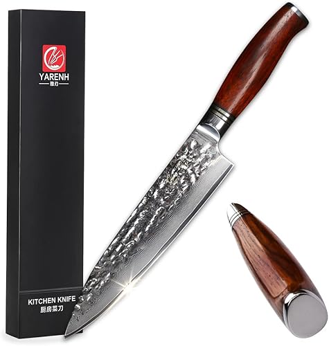 YARENH Cuchillo de chef, cuchillo de cocina Nakiri de 6.5 pulgadas, hoja afilada de acero inoxidable Damasco, 73 capas, alto carbono, espiga