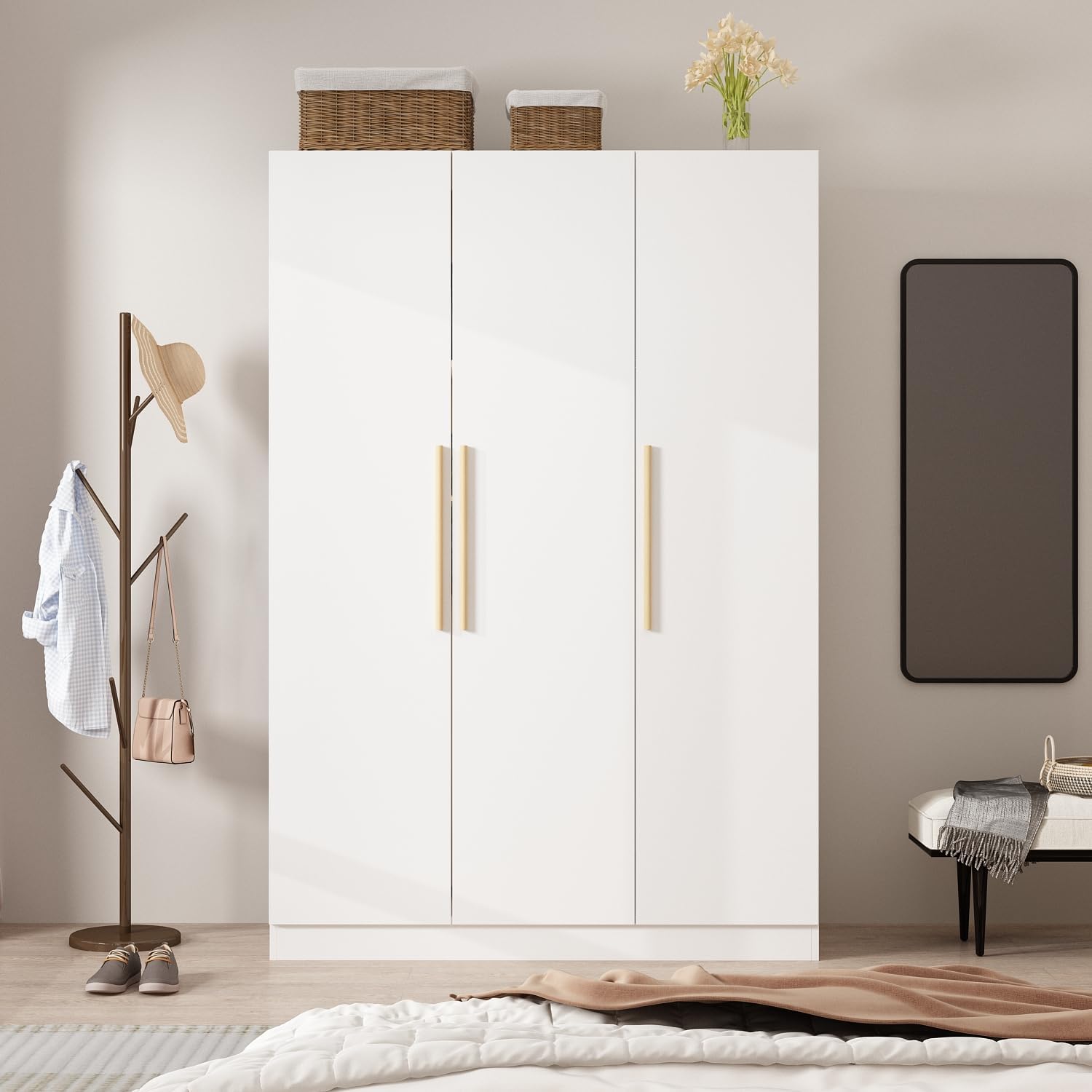 MOUMON Armoire Wardrobe with 3 Doors and Cube Shelves, Armoire Wardrobe Closet with Hanging Rod, Closet for Bedroom White 18.9“D x 47.2”W x 70”H