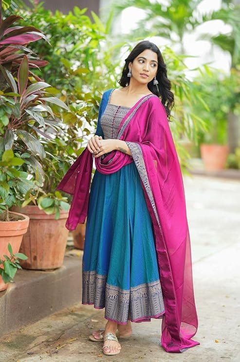 Image of Women's Vichitra Silk Anarkali Gown with Dupatta, Pink, Jacquard Zari Weaving, Designer Party Ethnic Wear