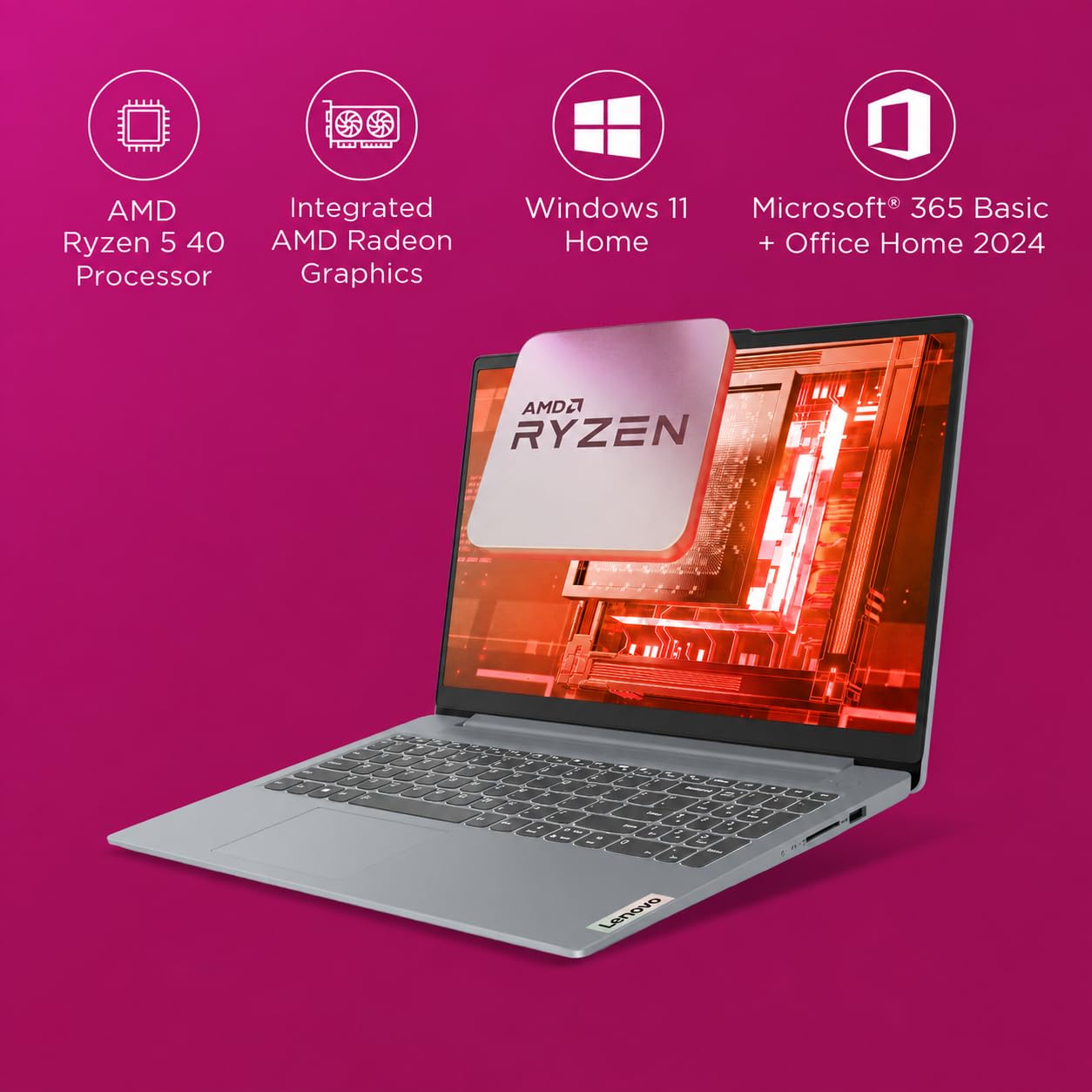 Lenovo IdeaPad Slim 3, AMD Ryzen 5 40, 16GB RAM, 512GB SSD, FHD Thin and Light Laptop, 15.6" (39.6cm), Windows 11, Microsoft 365 Basic + Office 2024, Grey, 1.6Kg, 82XQ01HQIN, Backlit Keyboard, Laptop — Amazon image 3