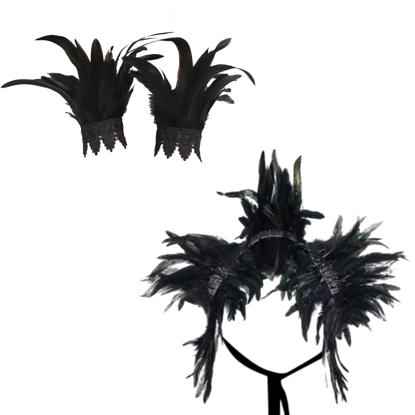 GWAWG Women Natural Feather Cape with Wrist Cuffs Wristband Maleficent Costume Gothic Lacing Shawl Shrug Collar Feather Cape for Halloween Cosplay Christmas Party (Black) โ image 1