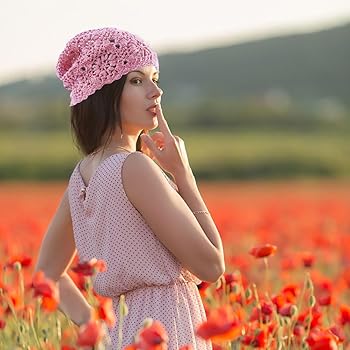 Women Cotton Crochet Hat Handmade Knit Floral Slouchy Beanie