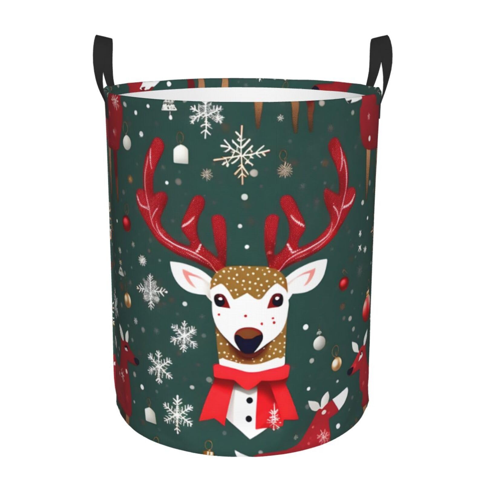 M Collapsible Round Christmas Deer Print Laundry Hamper