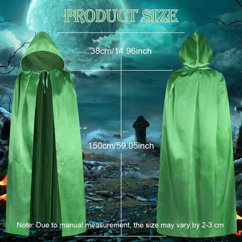 Aomig Green Hooded Cloak Long Cape for Adult, Long Cape Grim Reaper Vampire Witch Carnival Halloween Adult Wizard Costume, Adult Wizard Cape Fancy Dress Costume Cosplay Accessories(150cm/59in) - Image 3