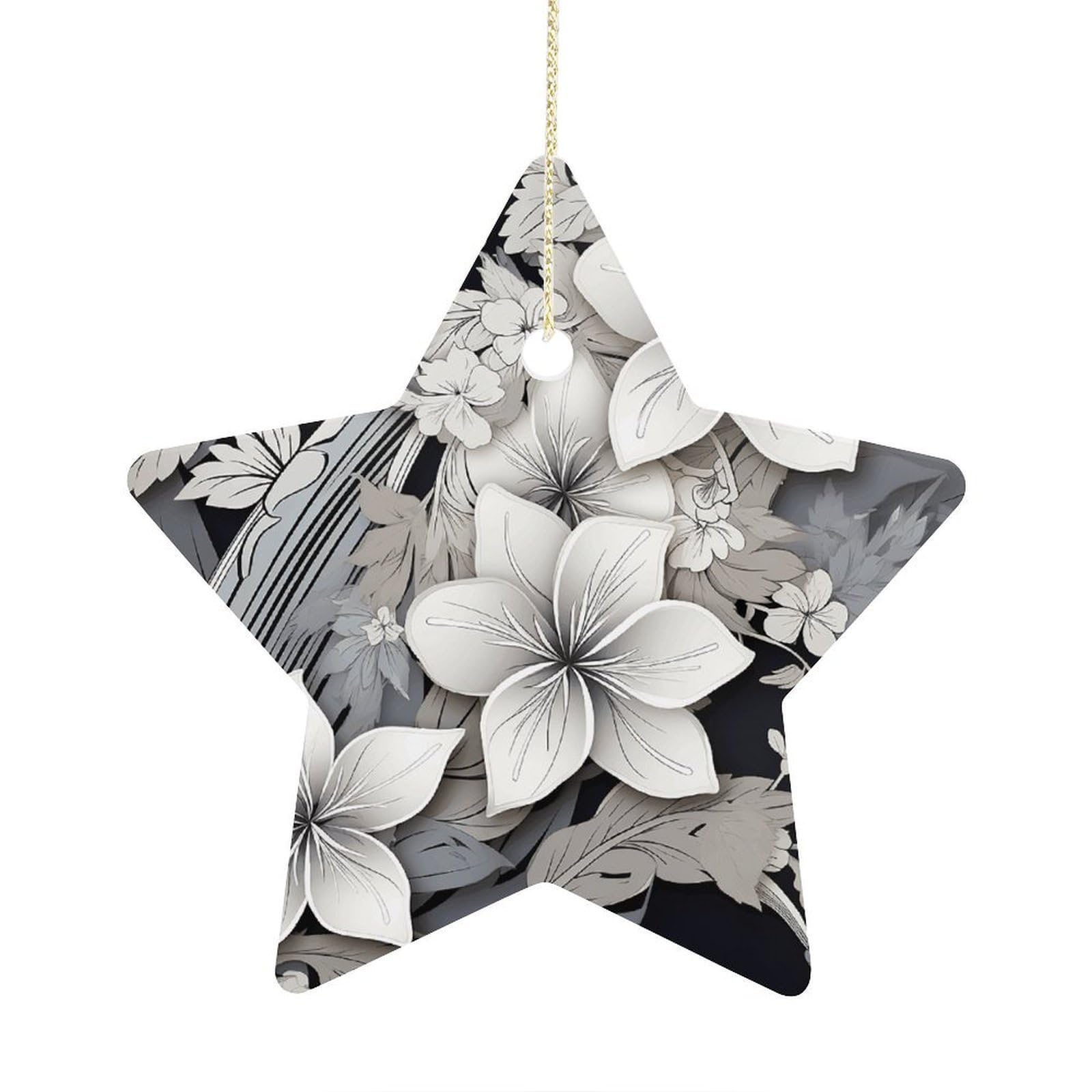 Fodpand Women's Style Intricate Black And White Tropical Flowers Pattern Ornament With String, Keepsake Hanging Decorations,Ceramic Ornaments For Men Indoor Home Holiday Party Gifts