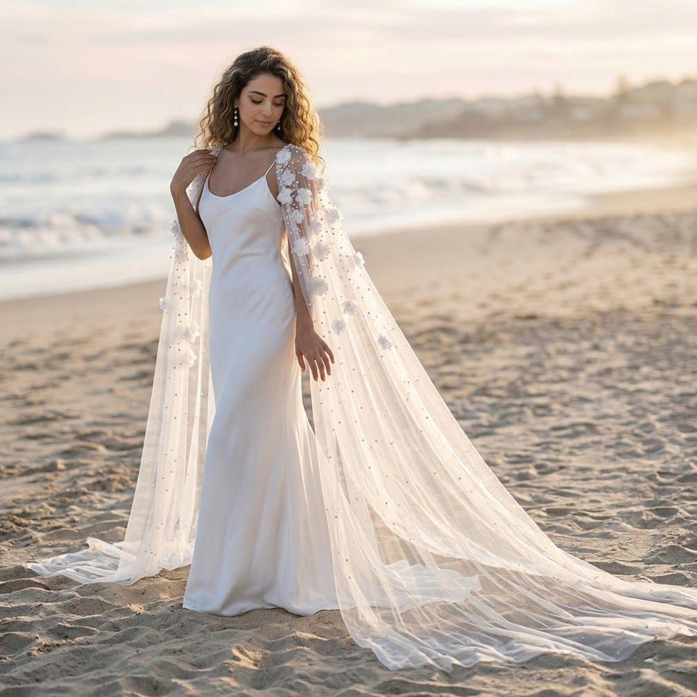 Châle De Mariage Long en Tulle À Fleurs 3D, Drapé sur Les Épaules, pour Mariée, Les Demoiselles d'honneur Les Invités. Costume De Soirée pour Mariage.