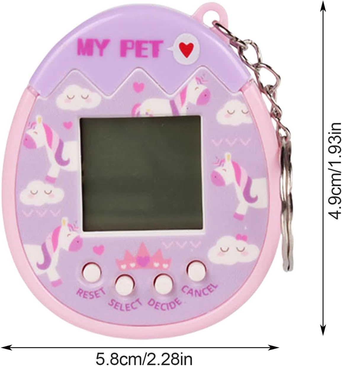 Digital pet game machine with dimensions labeled