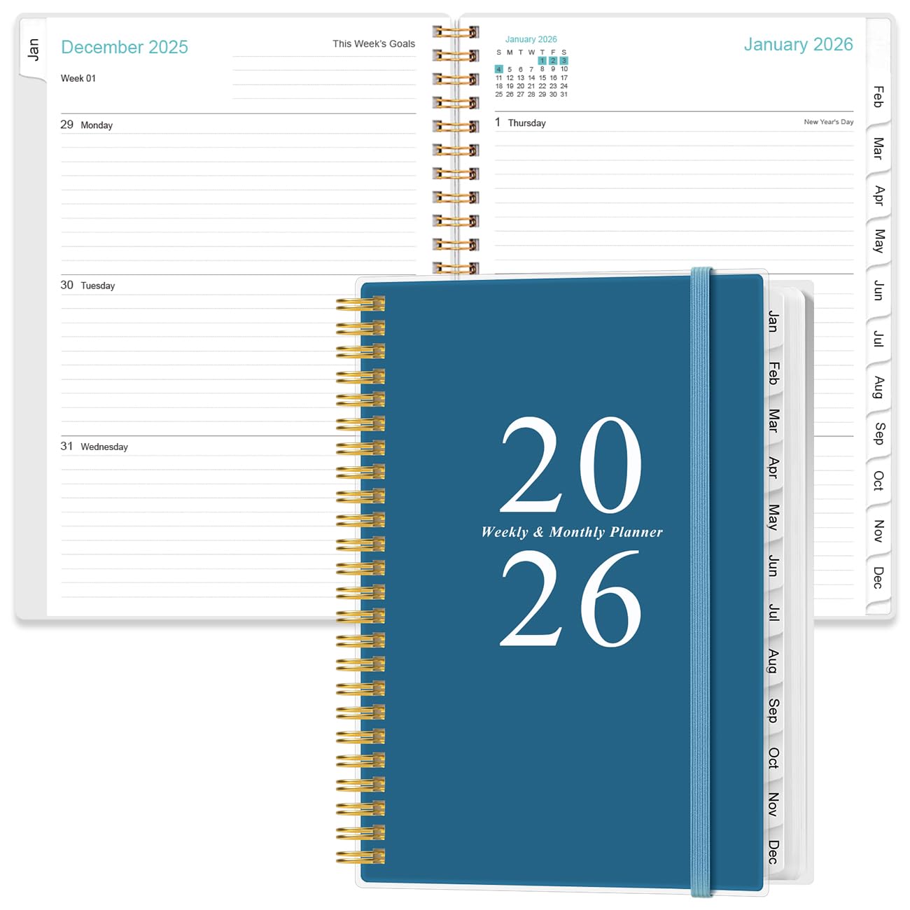 2026 Planner - A5 Weekly & Monthly Planners Spiral Bound, January 2026 - December 2026, 2026 Planner with Flexible Cover, Tabs, Inner Pocket, 6.4" x 8.5", Dark Blue