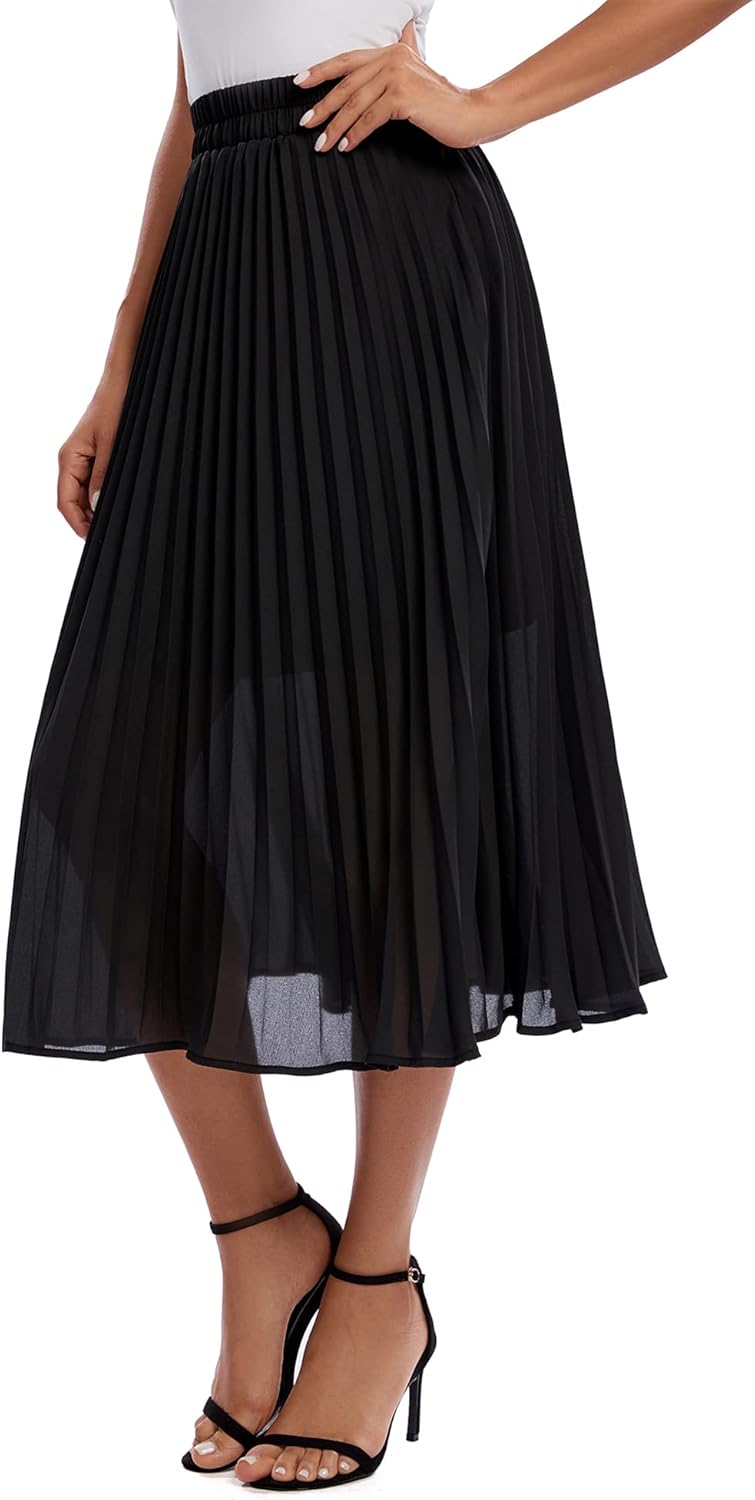 Urban CoCo Women's A Line Elastic Wasit Chiffon Midi Skirt Flare Pleated Skirts with Pockets - Image 5