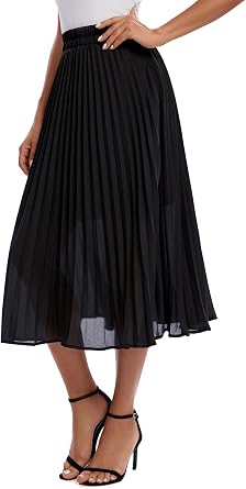 Urban CoCo Women's A Line Elastic Wasit Chiffon Midi Skirt Flare Pleated Skirts with Pockets