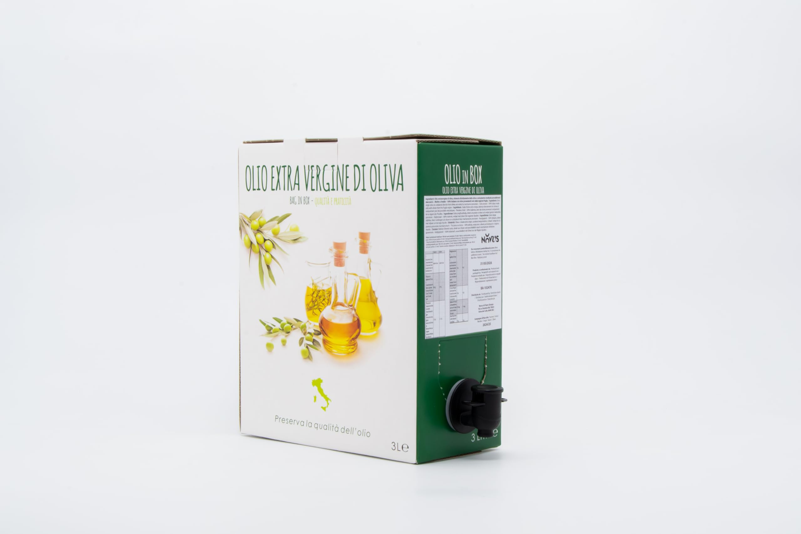 NovusPuglia – Oliwa z oliwek Extra Virgin 100% włoska – Bag-in-Box 3L – Tłoczona na zimno – Coratina & Ogliarola – Zbiory 2024/25