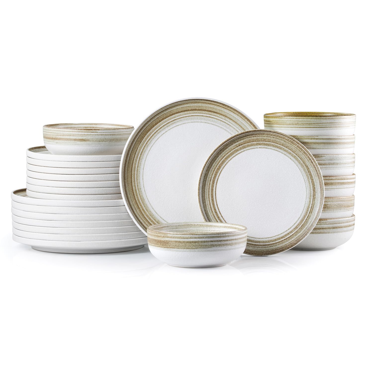 Stoneware Dinnerware Set for 8, 24-Piece Ceramic Plates & Bowls | Hand-painted Green Reactive Glaze Dishes Set, Cup Edges Prevents Spills, Scratch-resistant, Microwave & Dishwasher Safe