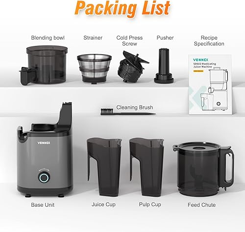 Miniatura 9 de VENNEX Exprimidor de prensa en frío, sin BPA, canal de alimentación extra grande de 5.7 pulgadas, máquina extractora de jugo con doble barrena para