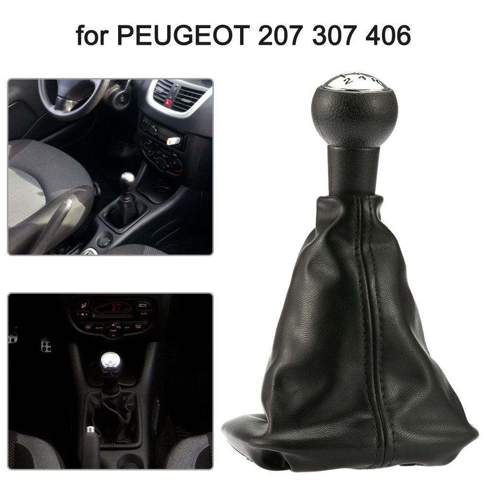 Czarna skórzana 5-biegowa gałka zmiany biegów z osłoną do Peugeot 207 307 406 (1996-2013) zamiennik