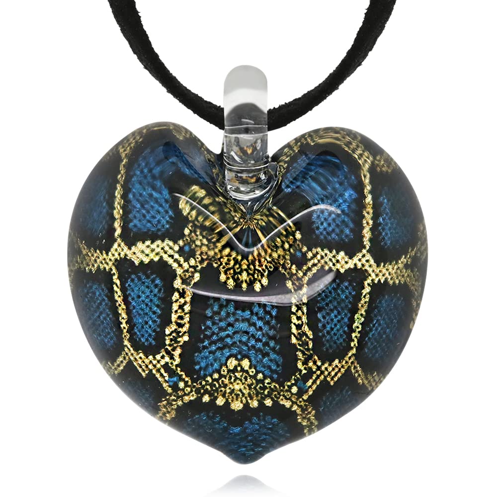 925 925Collections JewelryHand Blown Glass Blue And Golden Color Snake Cobra Pattern Heart Pendant Necklace 16"-18"