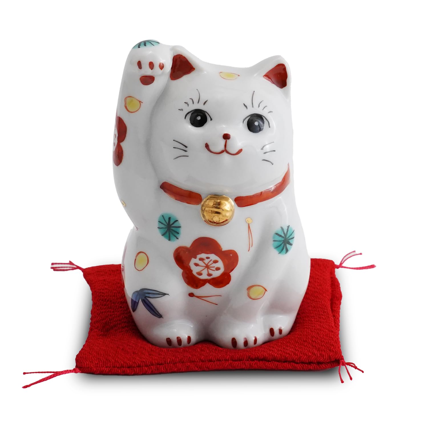 九谷焼    招き猫   赤盛10号  約31cm   座布団＆箱付き   美品 九谷焼 陶幸 マルヨネ】 10号招き猫 盛小紋 右手・左手各 幅18×奥18×高