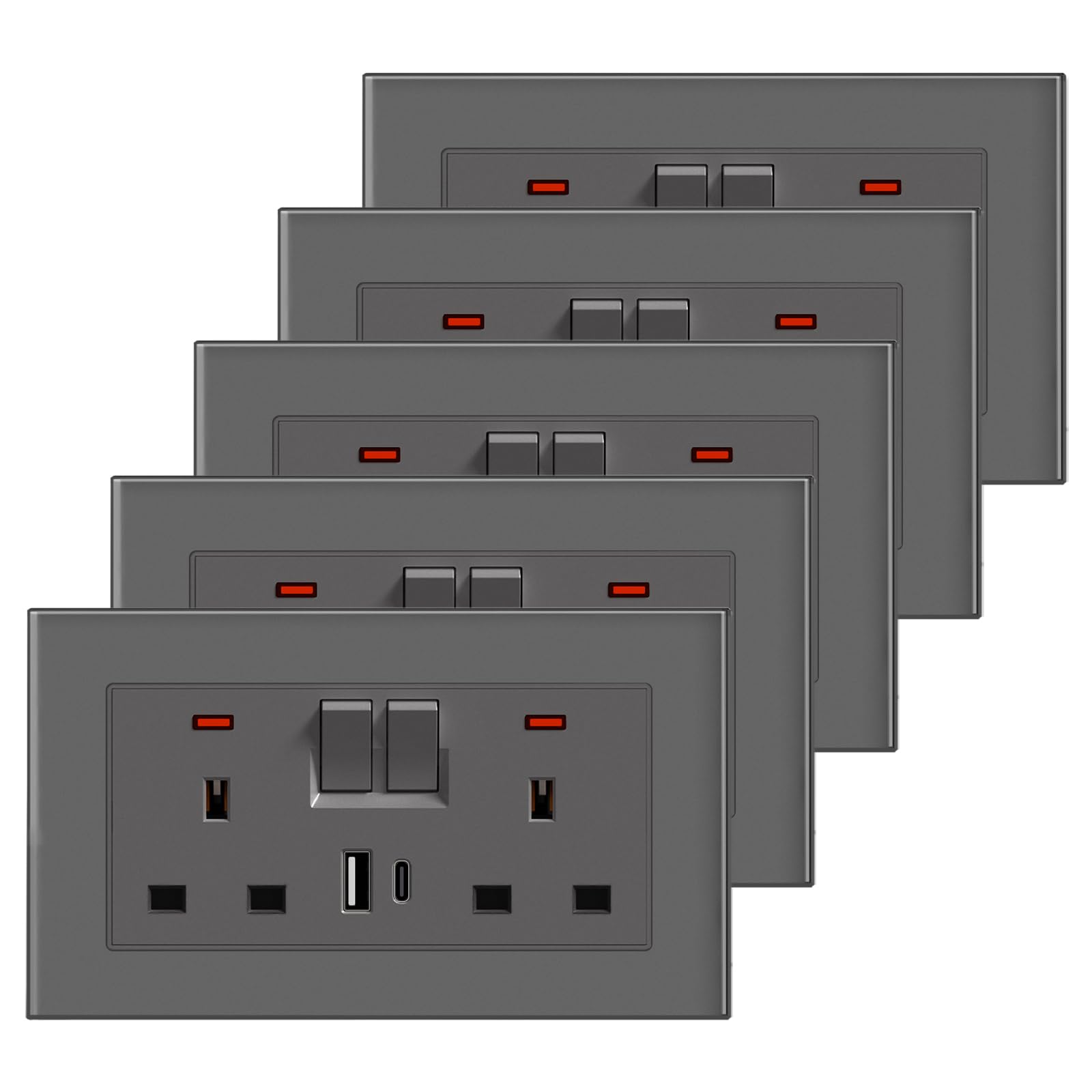 BSEED Double Socket 13A with 2 USB A and USB C 18W, Double Switched Socket 2 Gang UK Standard