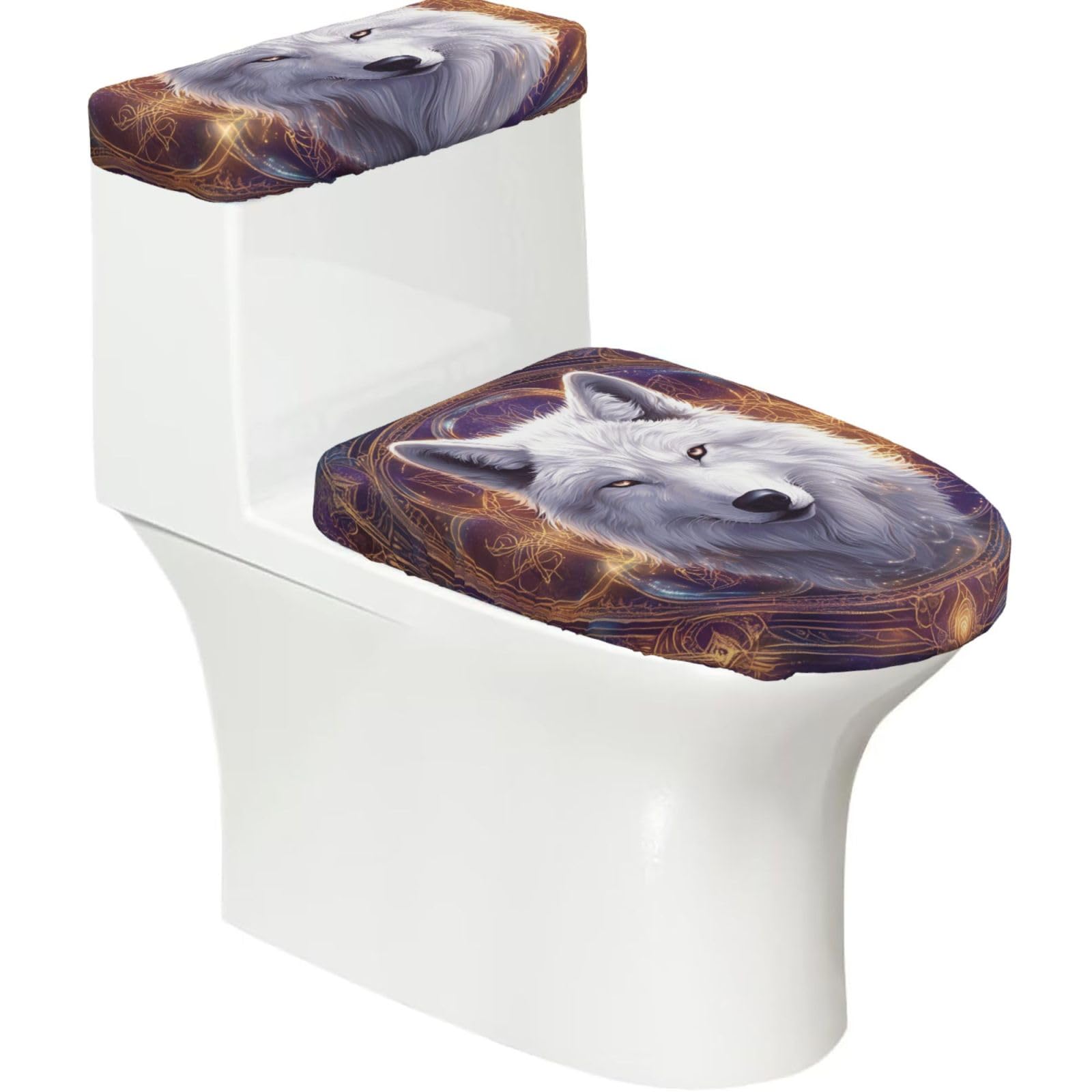 X Psblty Wolf Illustration Toilet Seat Cover Set 2 Piece Bathroom Decor Toilet Lid Cover With Tank Top Cover Stretch Fit Soft Fabric For Home 15-21 Inch