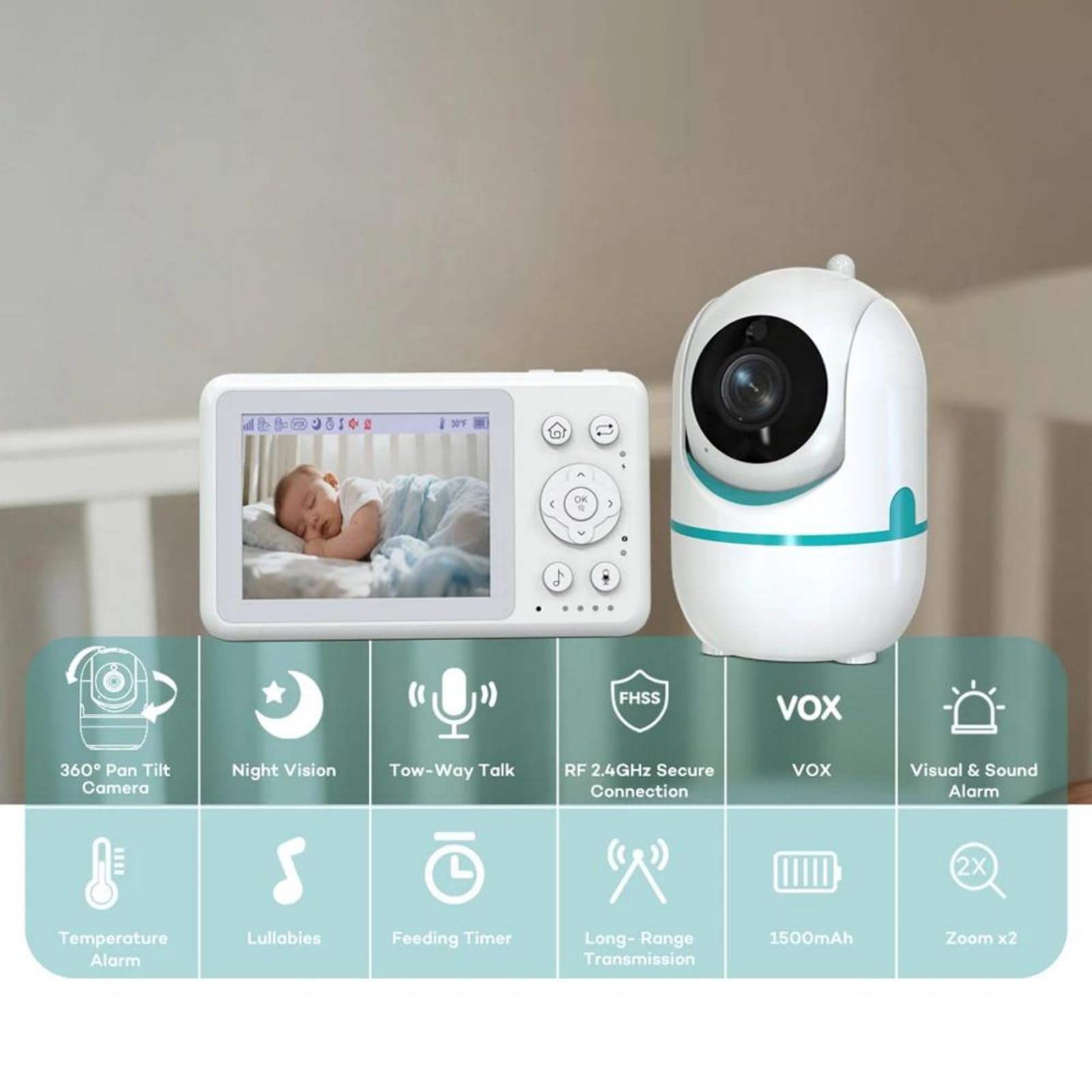 Baby Monitor Schermo LCD, Telecamera PTZ Wireless 2.4Ghz Senza WiFi, Audio Bidirezionale, Visione Notturna, Sensore Temperatura, Allarme Pianto E Ninne Nanne
