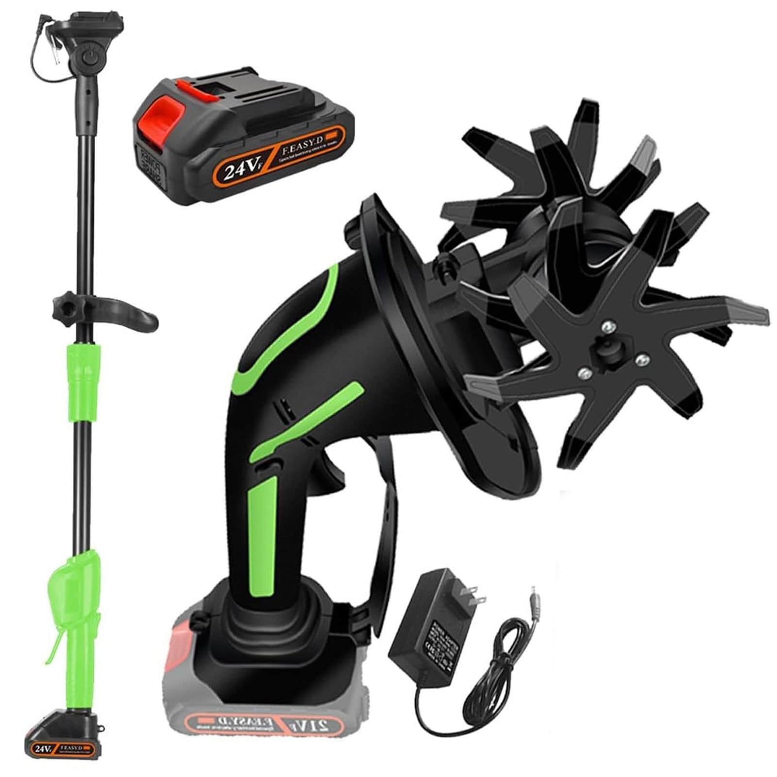 GSHSHOU 2 in 1 Cordless Tiller and Cultivator, 4-Inch Tilling Width and Depth, Handheld Optional Extension Pole, 235 RPM Electric Garden Tiller, Lightweight 1.2kg Body Batteryx1-Pole