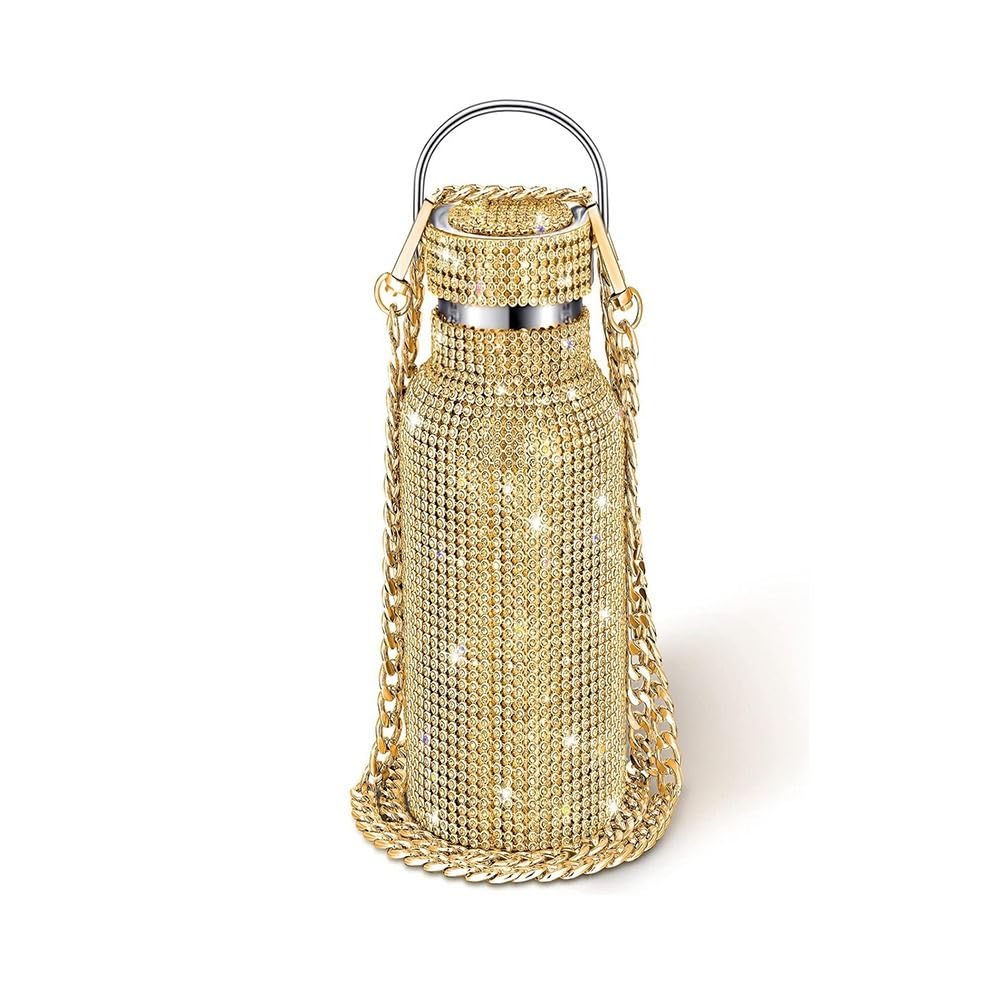 Rhinestones Water Bottle with Chain, 350/500/600/750/1000 Stainless Steel Glitter Tumbler with Chain, Bling Cups with Lids for Women Girl(1000ml,Gold)