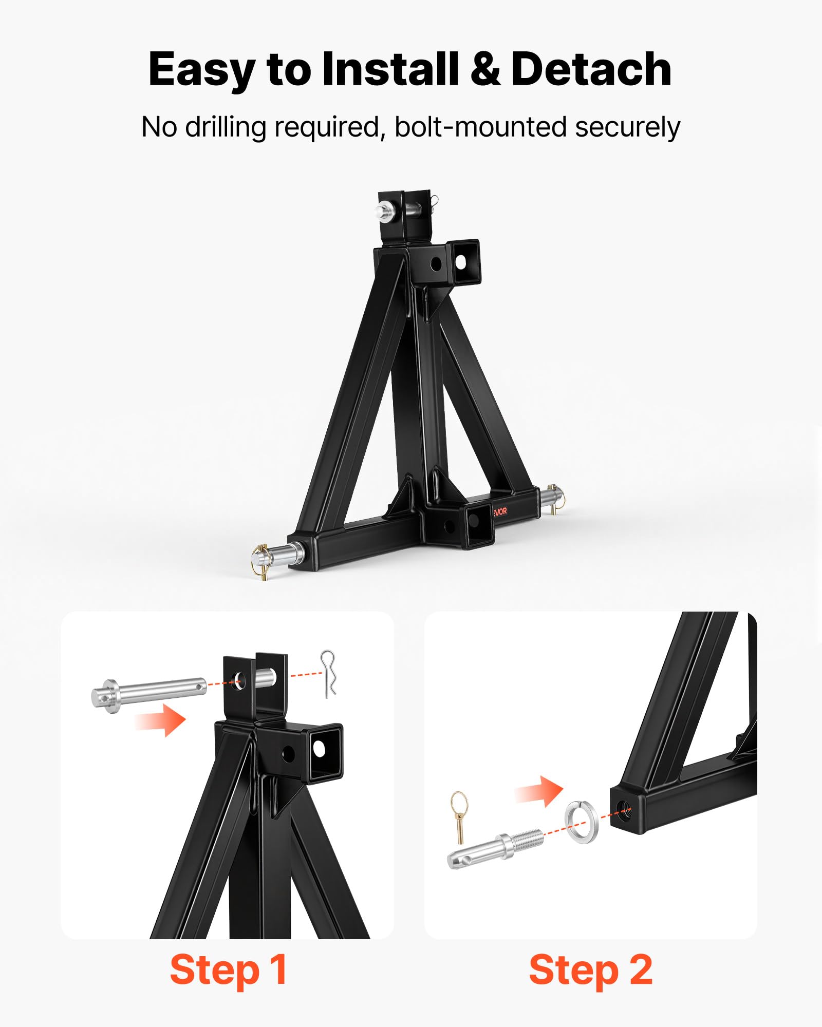 VEVOR Attelage de Remorque 3 Points avec 2 Récepteurs 50,8 mm Triangle d'Attelage, Adaptateur de Remorquage pour Tracteur Catégorie 1, Compatible avec Kubota, John Deere, Ford, Massey Ferguson, Yanmar