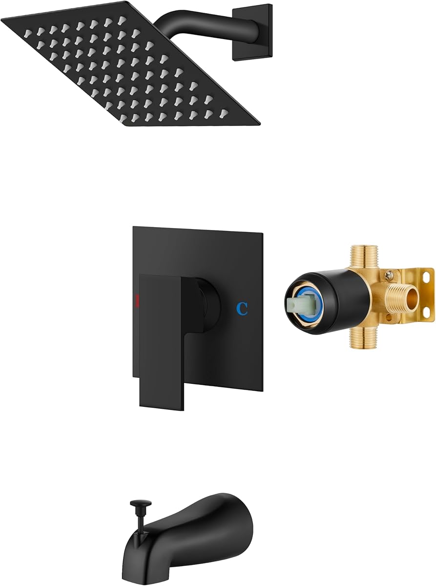 Airuida Shower Faucet Set with Tub Spout Bathtub Faucet Kit Shower Tub Faucet Set Complete Tub Shower Trim Kit with Solid Brass Rough-in Valve and 6 Inch Rainfall Square Showerhead Matte Black