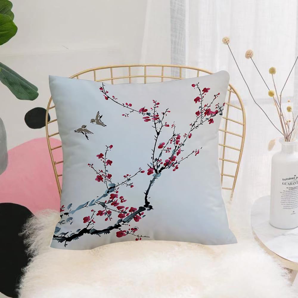 HYOSXW Cushion Cover,Throw Pillow Case Home Decorative for Living Room Bedroom Sofa Chair 16X16 Inch,Ink-wash red plum blossoms with birds perched upon them. Red plum blossoms, fly,Pillowcase 40X40cm